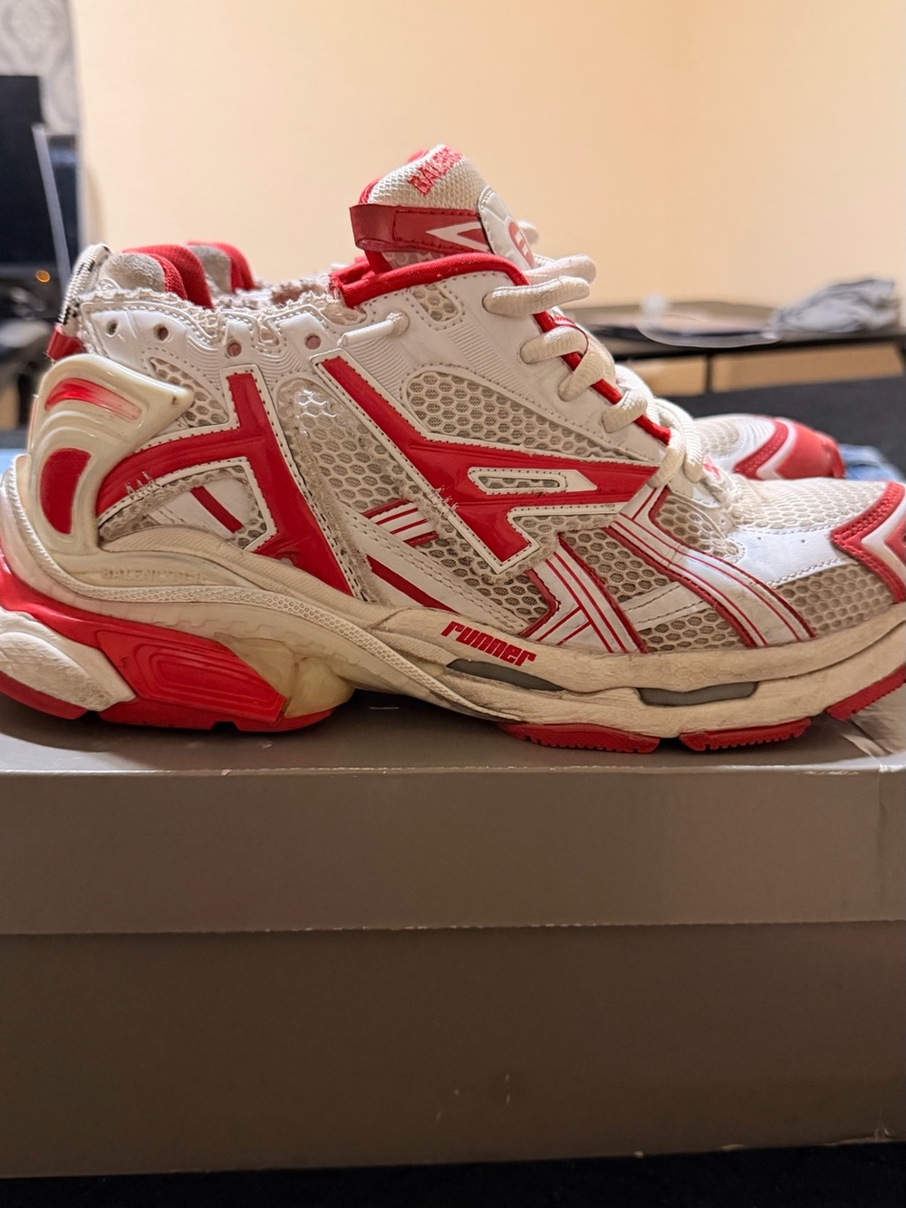 Balenciaga White & Red Mesh Athletic Sneakers